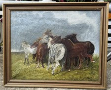 Pintura a óleo vintage: grupo de cavalos selvagens em pé perto do vento - Assinado comprar usado  Enviando para Brazil
