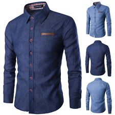 Camisa social masculina jeans cor sólida manga longa slim fit botão para baixo casual para ∂ comprar usado  Enviando para Brazil