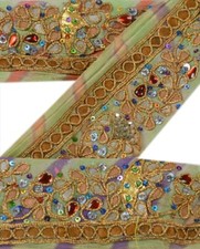 Usado, Sanskriti Vintage Saree Borda Frisada à Mão 1 Jarda Acabamentos Renda 2"W Lantejoulas Verde comprar usado  Enviando para Brazil