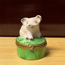 RARO Rochard Limoges Peint Mini Porco Principal em Base Verde Caixa de Bugigangas Articulada comprar usado  Enviando para Brazil