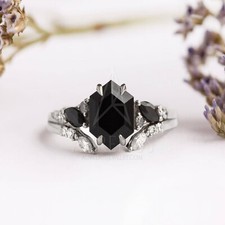 Conjunto de anel de noivado hexágono ônix preto feito à mão presente para ela. comprar usado  Enviando para Brazil