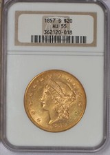 Cabeça Liberty dourada 1857-S $20 NGC AU55 comprar usado  Enviando para Brazil