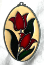 Mini vitral vintage oval flor de tulipas decoração apanhador de sol 4,5" x 3", usado comprar usado  Enviando para Brazil