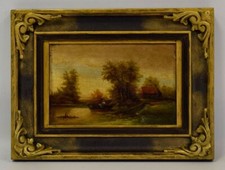 Um. 1850 Stary obraz, krajobraz zachodu słońca, olej, 38,5 x 28,5 cm na sprzedaż  PL