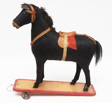 Brinquedo antigo de mohair puxar cavalo, rodas de metal, base de madeira, cauda de cabelo de cavalo, usado comprar usado  Enviando para Brazil