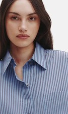 Camisa de algodão nova sem etiquetas Twp $375 Next Ex cropped listra de vinho azul botão para baixo, XS/S comprar usado  Enviando para Brazil