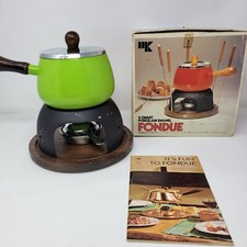 Conjunto de fondue vintage Sears MK 2 quartos verde limão porcelana esmalte com caixa sem garfo, usado comprar usado  Enviando para Brazil