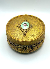Caixa de bugigangas vintage Hollywood Regency tampa vidro ornamentado rosa guilhochê comprar usado  Enviando para Brazil