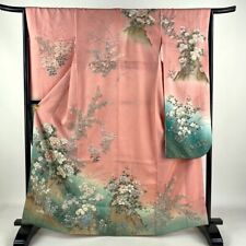 Quimono fino japonês SEDA "FURISODE", Peônias, KIKU, Folha de ouro, Rosa, Tamanho M, L5'5".4355 comprar usado  Enviando para Brazil