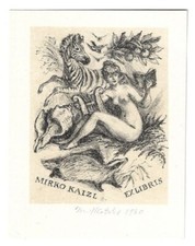 EMIL KOTRBA: Exlibris für Mirko Kaizl; weblicher Akt mit Buch, Leier, Zebra, 196 na sprzedaż EMIL KOTRBA: Exlibris für Mirko Kaizl; weblicher Akt mit Buch, Leier, Zebra, 196 na sprzedaż  Wysyłka do Poland