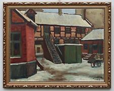 Jan SVANE (1904-?) zimowy krajobraz ze starym podwórkiem, obraz olejny, wymieniony na sprzedaż  PL
