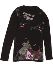 Blusa DESIGUAL Feminina Gráfica Manga Longa Reino Unido 14 Grande Preta Floral Algodão AC04, usado comprar usado  Enviando para Brazil