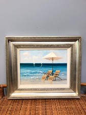 Usado, Pintura acrílica sobre tela de duas cadeiras sob o guarda-chuva na praia - Assinado comprar usado  Enviando para Brazil