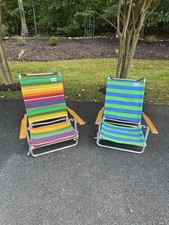 Conjunto de 2 espreguiçadeiras de praia vintage dobráveis de madeira de alumínio perfil baixo gramado, usado comprar usado  Enviando para Brazil