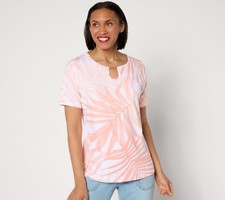 Denim & Co. Camiseta favorita estampa palma manga curta buraco na fechadura macia pêssego 2X Ne comprar usado  Enviando para Brazil