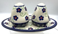 Cerâmica polonesa Boleslawiec - Conjunto e bandeja shaker flor sal e pimenta - Azul e vermelho comprar usado  Enviando para Brazil