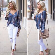 Blusa feminina floral de chiffon manga comprida gola V verão camiseta tamanho P-XL, usado comprar usado  Enviando para Brazil