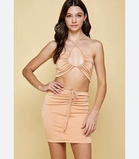 Conjunto de saia de verão feminina moda boutique pêssego duas peças franzidas comprar usado  Enviando para Brazil