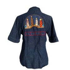 Camisa Denim Glory Desteñida De Colección Mujer Talla M Náutica Bordada Faro segunda mano  Embacar hacia Mexico