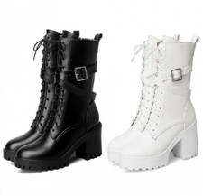 Botas femininas de cavaleiro de tornozelo punk salto bloco plataforma com fivela redonda com cadarço comprar usado  Enviando para Brazil