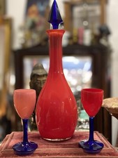 Usado, Jarro italiano de vidro bimini garrafa decantadora de licor frasco e copo cordial cobalto e vermelho comprar usado  Enviando para Brazil