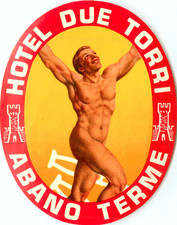 Etiqueta de bagagem Hotel Due Torri ~ABANO TERME - ITÁLIA~ homem nu/musculoso, 1950 comprar usado  Enviando para Brazil