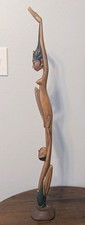 Estatuilla abstracta tallada tribal de madera arte moderno escultura de madre e hijo segunda mano  Embacar hacia Mexico