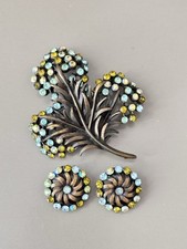 Conjunto de broche e brinco vintage de folhas KARU ARKE, cristal aquático e olivina! comprar usado  Enviando para Brazil