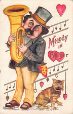 Cartão postal dos namorados em quadrinhos 1911 - gato assustado por homem tocando tuba - melodia em B-Mine-R comprar usado  Enviando para Brazil