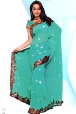 Turquoise saree sari d'occasion  Expédié en France