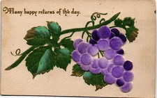 Cartão postal com selos do Dr Jim muitos retornos felizes do dia uvas aveludadas em relevo, usado comprar usado  Enviando para Brazil