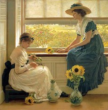 Arte pintura a óleo George Leslie Dunlop - Sun Moon mãe e filha girassóis comprar usado  Enviando para Brazil