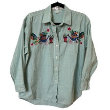 Camisa feminina vintage Casey Coleman listra jardinagem bordada com botão para cima vovó comprar usado  Enviando para Brazil