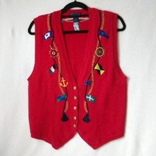 Colete de malha vintage Charter Club vermelho algodão bordado bandeiras náuticas feminino G, usado comprar usado  Enviando para Brazil