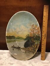 Usado, Antigo lago pintado à mão 7-1/2x11” com cena de canoa em placa de fibra oval comprar usado  Enviando para Brazil