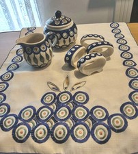 Corredor de mesa polonês Boleslawiec cerâmica creme açúcar 4 anéis de guardanapo 34" comprar usado  Enviando para Brazil