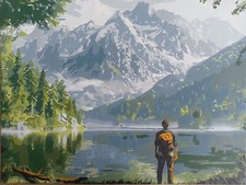 obraz "Jezioro i góry ". Akryl na płótnie. Wymiary 40×50 na sprzedaż  PL