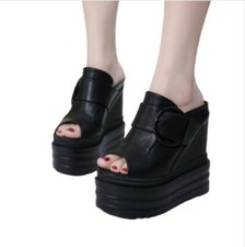 Sandálias anabela femininas salto alto plataforma chinelo biqueira aberta verão mulas preto G comprar usado  Enviando para Brazil