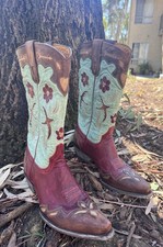 RARO GRINGO ANTIGO 🩵GOLONDRINA 12" Botas de Couro Turquesa/Vermelho Latão Pássaros Flores, usado comprar usado  Enviando para Brazil