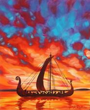 PINTURA VIKING LONGSHIP ORIGINAL VIKINGS NORSE LONGBOAT VIBRANTE PÔR DO SOL ARTE!, usado comprar usado  Enviando para Brazil