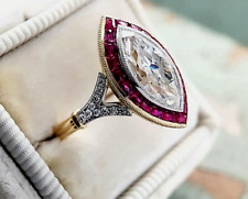 Anel de noivado prata rubi halo diamante corte marquesa art déco 4 CT criado em laboratório comprar usado  Enviando para Brazil