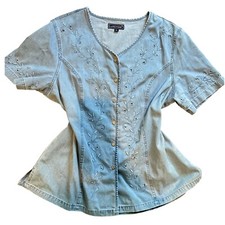 Lafei-Nier Denim Top Haftowana bluzka z krótkim rękawem zapinana na guziki XL na sprzedaż  Wysyłka do Poland