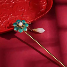 Tiara de joyería de jade estilo corte horquillas con flecos flores perlas esmaltadas segunda mano  Embacar hacia Mexico