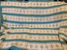 Cobertor de arremesso feito à mão boho crochê turquesa azul céu branco vovó comprar usado  Enviando para Brazil