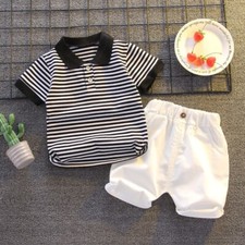 Camisa polo listrada manga curta verão meninos 2 peças shorts roupas infantis, usado comprar usado  Enviando para Brazil
