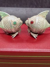 Shaker de sal e pimenta vintage prata maciça novidade em forma de olhos de pedras preciosas de peixe comprar usado  Enviando para Brazil