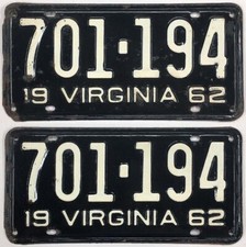 Virginia 1962 license for sale  Bloomsburg