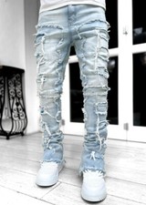 Usado, Calça jeans masculina skinny rasgada slim fit patchwork jeans empilhada comprar usado  Enviando para Brazil