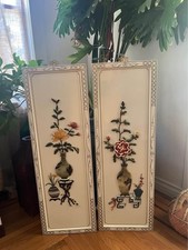 2 PAINÉIS ANTIGOS de madeira branca oriental asiática laca branca incrustação de flores de jade, usado comprar usado  Enviando para Brazil
