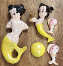Decoração de parede vintage de cerâmica cabelo preto amarelo sereias com bolha, 2 peixes comprar usado  Enviando para Brazil